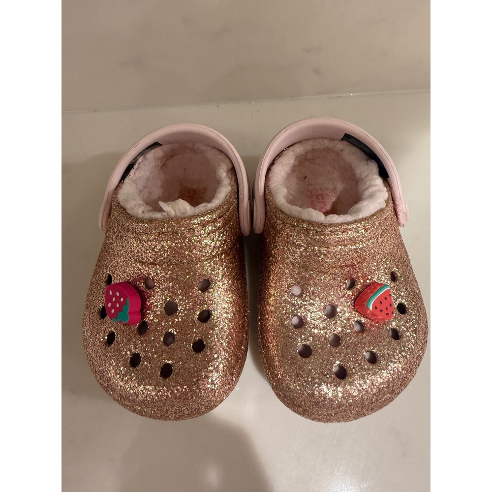 Crocs Kids Classic Lined Glitter Clog Rose Gold Pink Fruit Charms Size C4